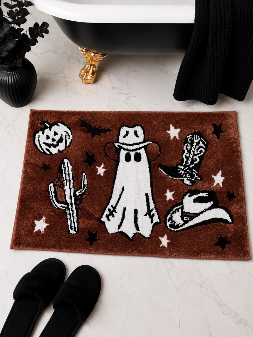 Wrangler Western Halloween Bath Rug 20x32 Cowboy Ghost Pumpkin Brown Washable